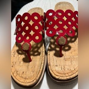 Eric Javits Red Patent Leather Donut Cutout Platform Thong Sandal New